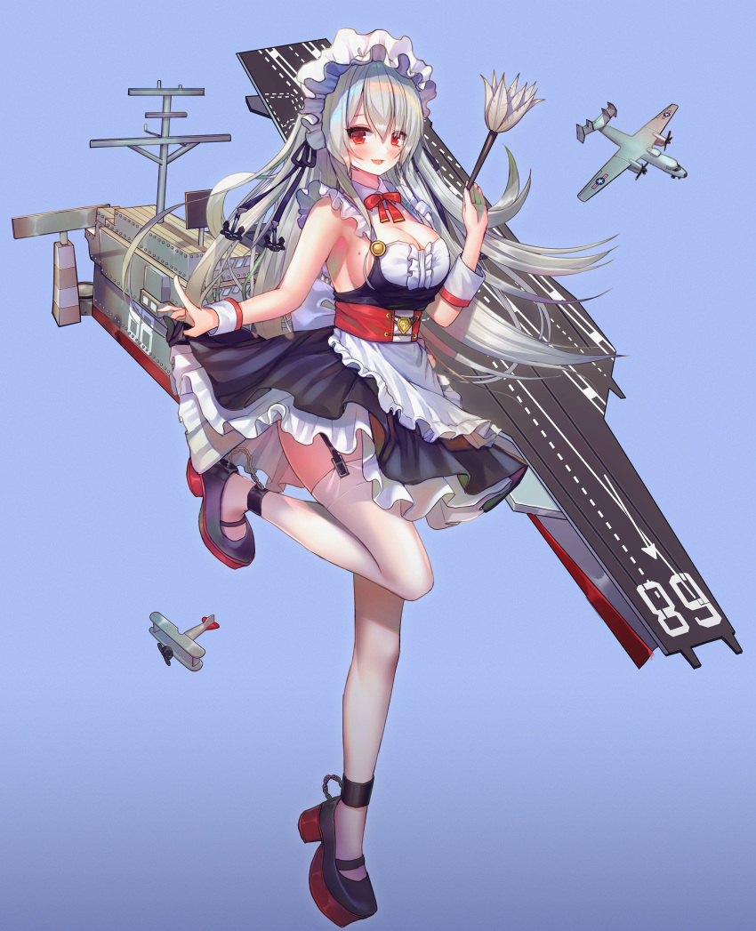 absurdres aircraft airplane apron armpits bare_arms bare_shoulders biplane black_dress black_footwear blue_oath bow bowtie breasts cleavage detached_collar dress duster female flight_deck floating_hair frilled_dress frills full_body garter_straps grey_hair hanato_(seonoaiko) highres holding large_breasts leg_up long_hair looking_at_viewer maid maid_apron maid_headdress mary_janes mast mole mole_on_breast nimitz_(blue_oath) open_mouth photoshop_(medium) red_eyes rigging shoes sideboob sleeveless sleeveless_dress smile solo standing standing_on_one_leg thighhighs waist_apron white_thighhighs wrist_cuffs zettai_ryouiki