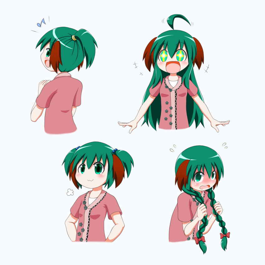 +++ +_+ :3 :d ahoge alternate_hair_length alternate_hairstyle animal_ears arms_up blue_background blush blush_stickers braid commentary_request eighth_note embarrassed female floral_print flying_sweatdrops from_behind full-face_blush furrowed_brow green_hair hair_between_eyes hair_bobbles hair_ornament hands_on_own_hips highres holding holding_own_hair kasodani_kyouko long_braid long_hair looking_back multiple_views musical_note open_mouth pink_shirt puff_of_air rakugaki-biyori shirt short_hair short_ponytail short_sleeves simple_background smile standing touhou twin_braids twintails upper_body very_long_hair wavy_mouth