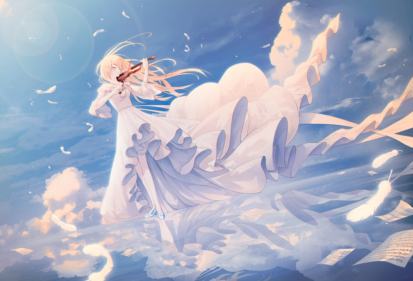 bad_id bad_pixiv_id blonde_hair blue_eyes closed_eyes cloud dress feathers female holding holding_instrument holding_violin instrument long_hair miyazono_kawori music playing_instrument shigatsu_wa_kimi_no_uso sky smile solo violin white_dress yuyo_(i_iuyo)