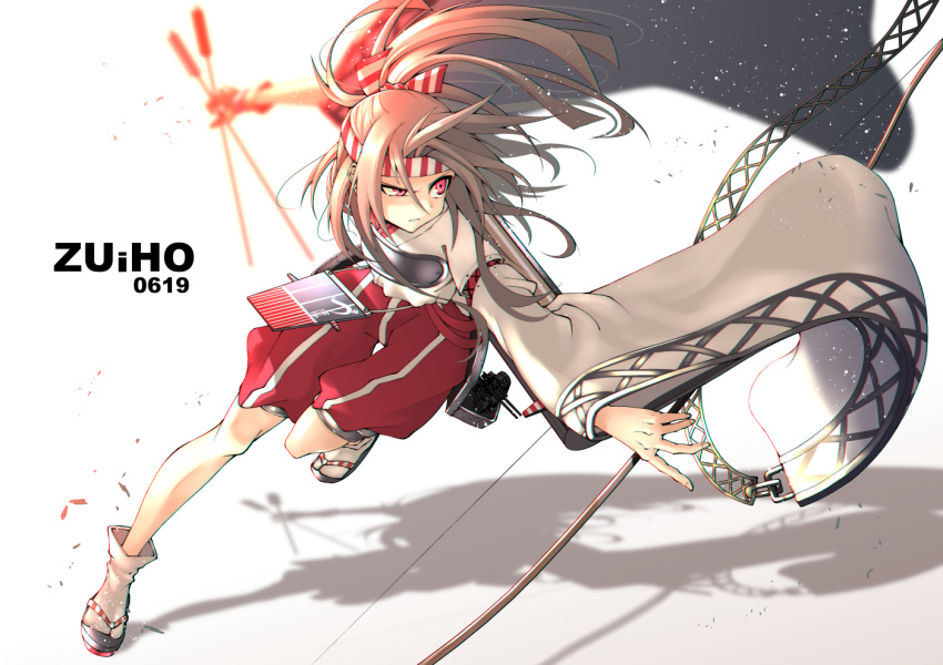 akane_harurou arrow_(projectile) bow_(weapon) female gloves hachimaki hakama hakama_shorts headband high_ponytail holding holding_arrow holding_bow_(weapon) holding_weapon japanese_clothes kantai_collection light_brown_hair long_hair muneate partially_fingerless_gloves ponytail red_eyes red_shorts sandals shorts single_glove solo striped_headband tabi weapon white_legwear wide_sleeves yugake yumi_(bow) zouri zuihou_(kancolle) zuihou_kai_ni_(kancolle)