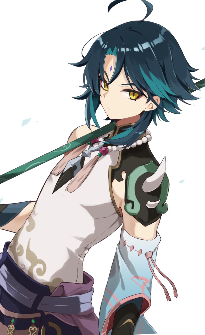 1boy ahoge armor asymmetrical_clothes bad_id bad_twitter_id bead_necklace beads black_gloves blue_hair closed_mouth facial_mark forehead_mark freenote_mr genshin_impact gloves highres holding holding_weapon jewelry male_focus multicolored_hair necklace polearm primordial_jade_winged-spear_(genshin_impact) simple_background sleeveless solo spikes tassel weapon white_background xiao_(genshin_impact) yellow_eyes