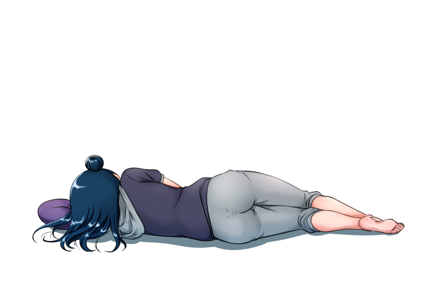 absurdres ass barefoot blue_hair chishio_(onoderayui) commentary_request female from_behind full_body grey_pants hair_bun head_on_pillow highres hood hoodie long_hair love_live! love_live!_sunshine!! lying on_side pants pants_rolled_up pillow short_sleeves simple_background single_hair_bun soles solo toes tsushima_yoshiko white_background