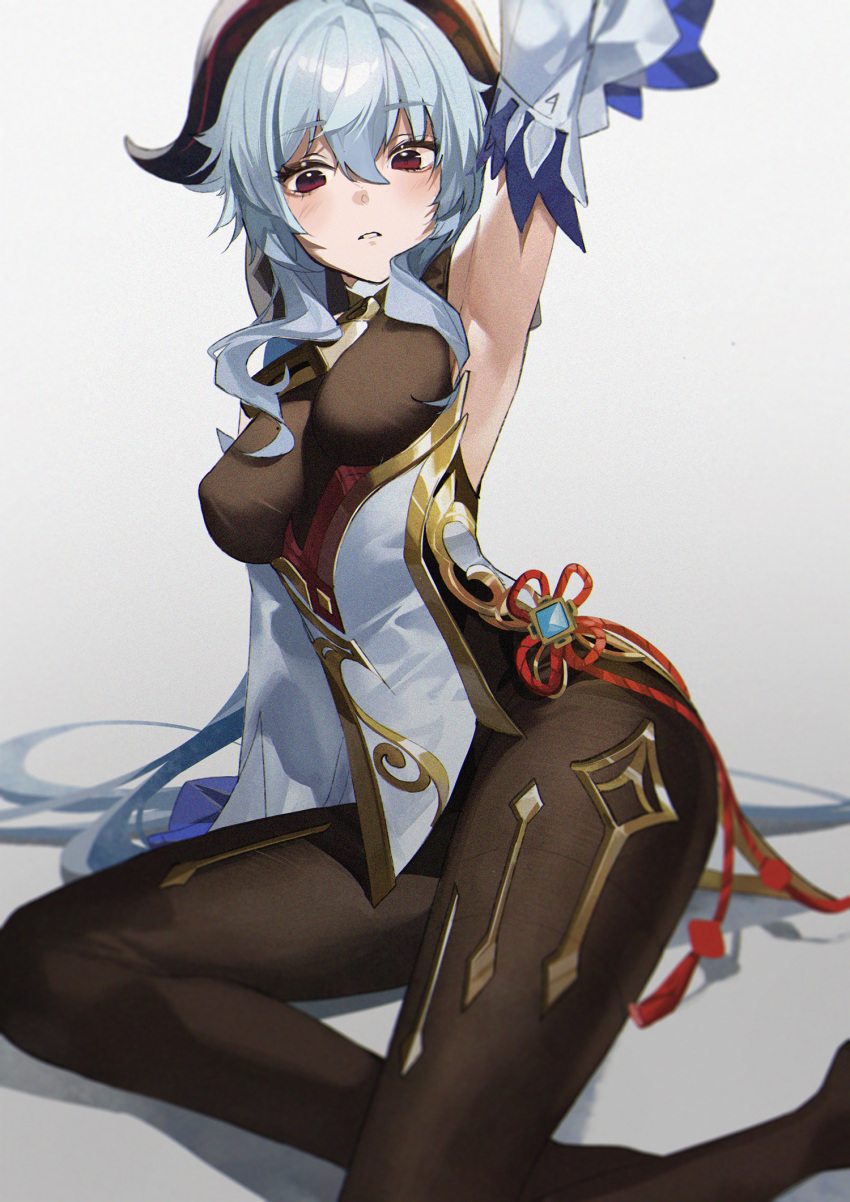 arm_up armpits bell black_legwear blue_hair blush breasts buri_(retty9349) chinese_knot detached_sleeves female flower_knot ganyu_(genshin_impact) genshin_impact gold_trim highres horns long_hair looking_at_viewer medium_breasts neck_bell parted_lips purple_eyes red_rope rope sidelocks sitting solo tassel thighlet thighs vision_(genshin_impact) white_background white_sleeves yokozuwari