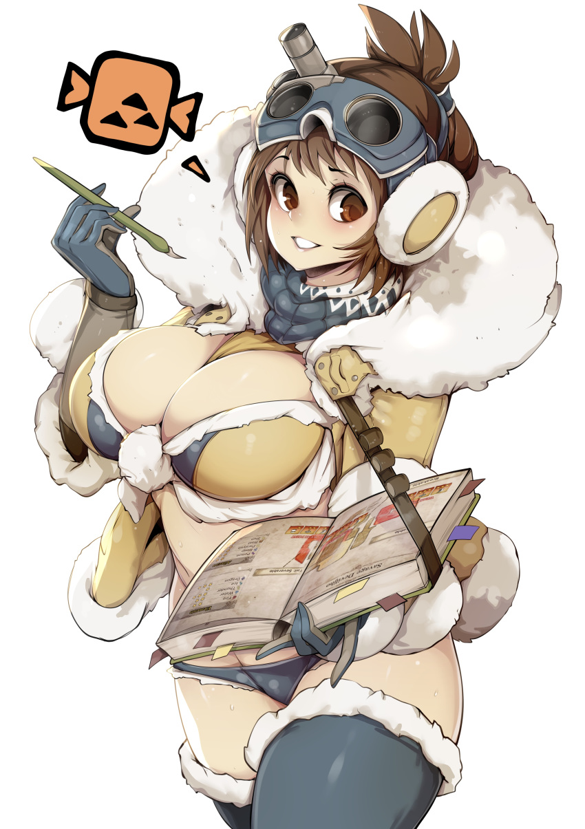 absurdres blue_thighhighs book bookmark breasts brown_hair cleavage commentary female fur-trimmed_legwear fur_trim gloves goggles grin handler_(monster_hunter_world) highres icon_(computing) large_breasts looking_at_viewer micro_shorts midriff monster_hunter:_world monster_hunter_(series) pen red_eyes short_hair shorts simple_background slugbox smile solo sweat thighhighs thighs white_background