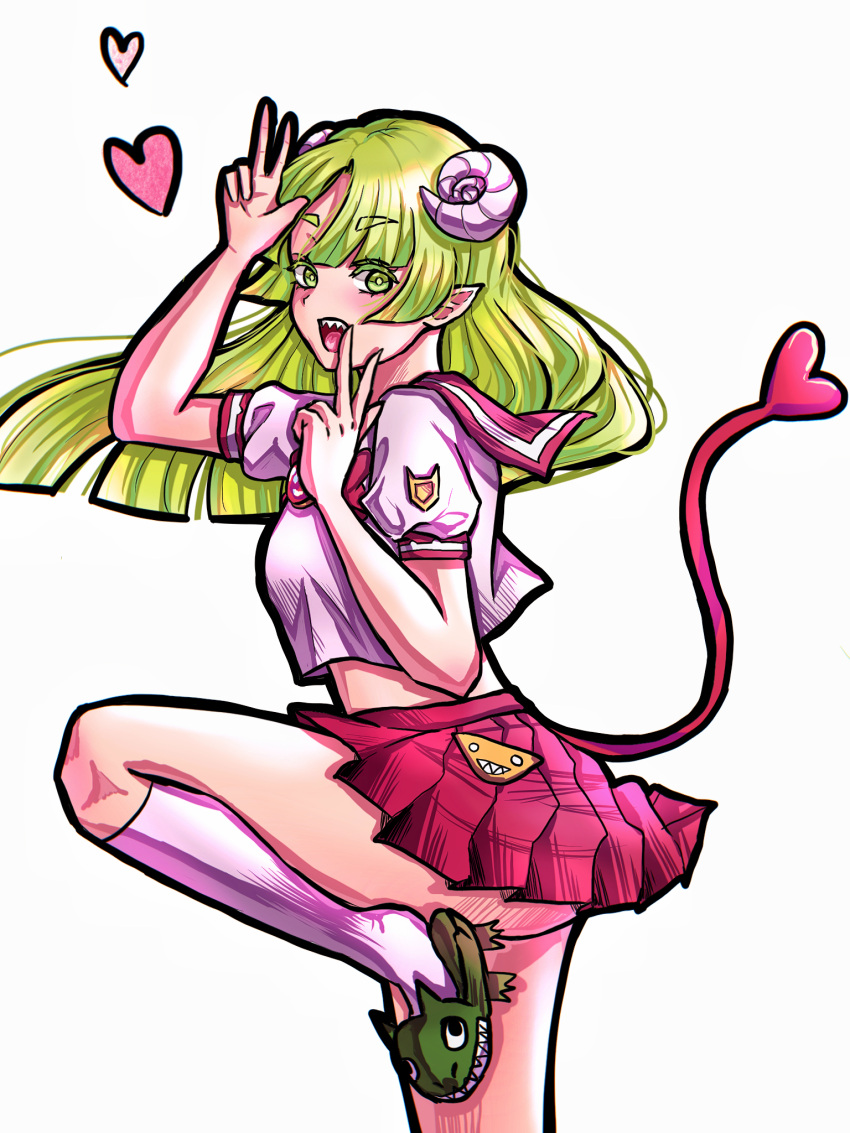 azulasi babyls_school_uniform bad_id bad_pixiv_id badge button_badge curled_horns demon_tail female green_eyes green_hair hands_up heart highres horns kneehighs long_hair mairimashita!_iruma-kun midriff open_mouth parted_bangs pink_skirt pointy_ears school_uniform sharp_teeth shirt short_sleeves simple_background skirt slippers socks solo standing standing_on_one_leg tail teeth v valac_clara white_background white_horns white_shirt white_socks