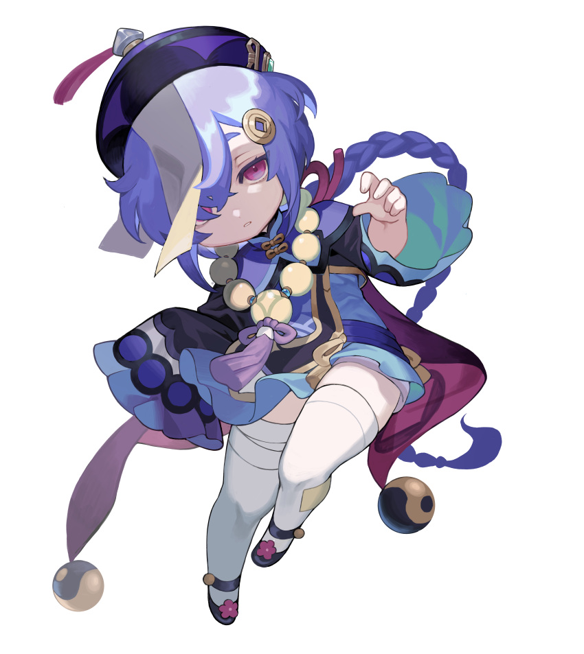 absurdres bandaged_leg bandages black_footwear black_jacket blue_dress braid commentary cropped_jacket dress female full_body genshin_impact hair_over_one_eye hat highres jacket long_hair long_sleeves looking_at_viewer ofuda parted_lips purple_hair purple_hat qingdai_guanmao qiqi_(genshin_impact) red_eyes shoes simple_background sin_(btc86amme) single_braid sleeves_past_fingers sleeves_past_wrists solo thighhighs very_long_hair white_background white_thighhighs wide_sleeves yin_yang