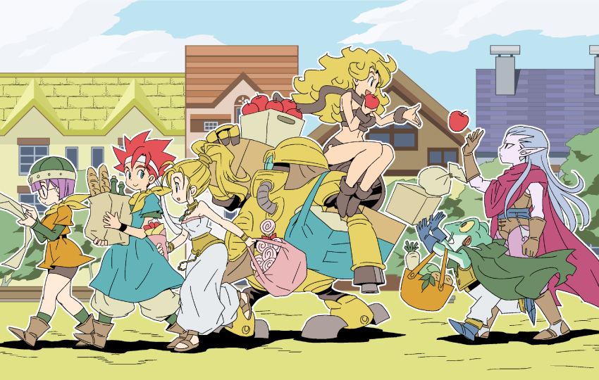 3girls ayla_(chrono_trigger) belt bike_shorts blonde_hair breasts chrono_trigger closed_mouth crono_(chrono_trigger) curly_hair frog_(chrono_trigger) glasses headband helmet highres jewelry long_hair lucca_ashtear magus_(chrono_trigger) mai_iwaizumi marle_(chrono_trigger) medium_hair multiple_boys multiple_girls necklace ponytail purple_hair red_hair robo_(chrono_trigger) robot scarf short_hair smile spiked_hair