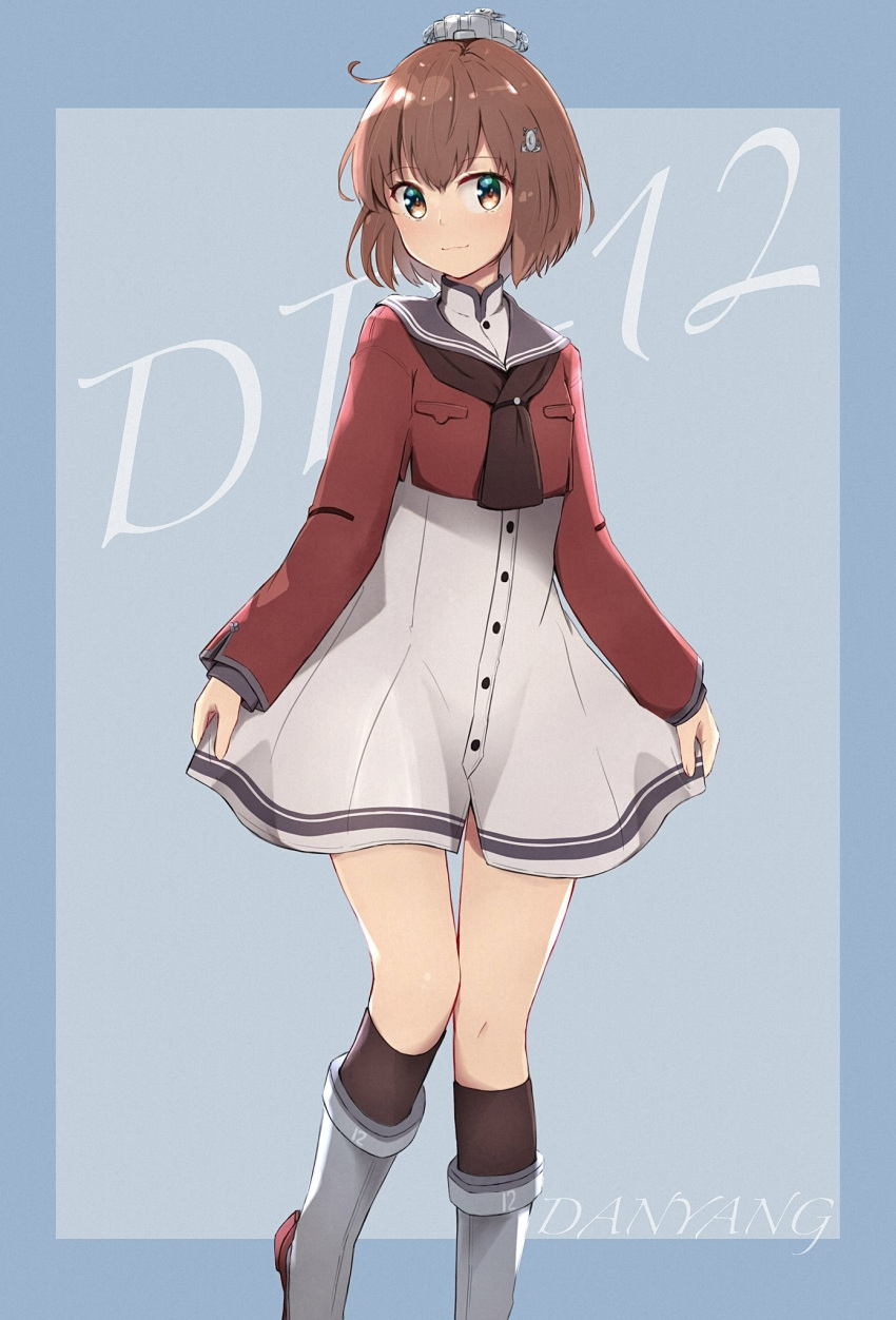 bad_id bad_pixiv_id black_socks blush brown_eyes brown_hair brown_neckerchief buttons closed_mouth dress female grey_sailor_collar hair_between_eyes highres kantai_collection kneehighs long_sleeves ludens_(inonaka_koubou) neckerchief red_shorts rudder_footwear sailor_collar sailor_shirt shirt short_hair shorts smile socks solo tan_yang_(kancolle) white_dress yukikaze_(kancolle)