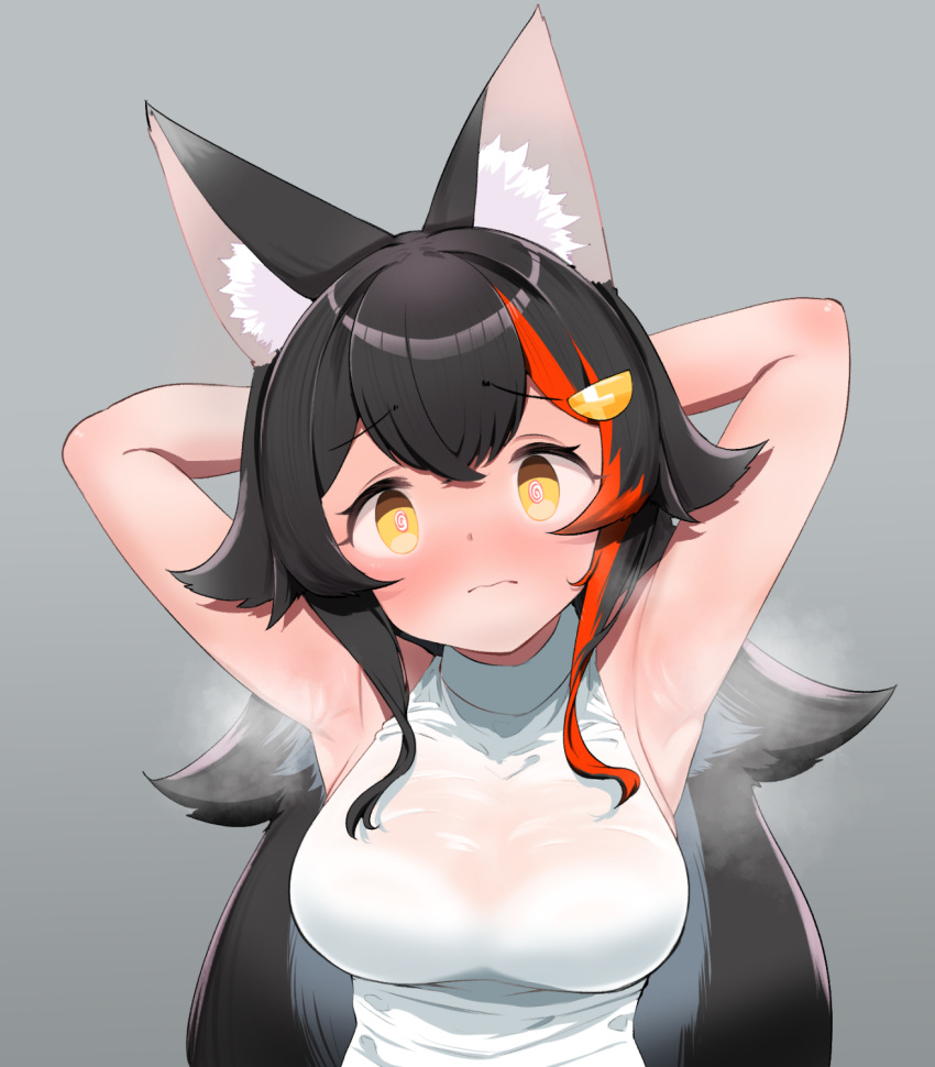 @_@ animal_ear_fluff animal_ears armpits arms_up bad_id bad_pixiv_id black_hair bra bra_visible_through_clothes breasts cleavage closed_mouth commentary_request embarrassed female flipped_hair hair_ornament hairclip highres hololive impossible_clothes impossible_shirt kani_bonara large_breasts long_hair looking_at_viewer multicolored_hair official_alternate_costume ookami_mio ookami_mio_(street) red_hair see-through see-through_cleavage shirt sidelocks sleeveless sleeveless_shirt solo spiked_hair steaming_body streaked_hair sweat sweaty_clothes underwear upper_body very_long_hair virtual_youtuber wavy_mouth white_bra white_shirt wolf_ears yellow_eyes