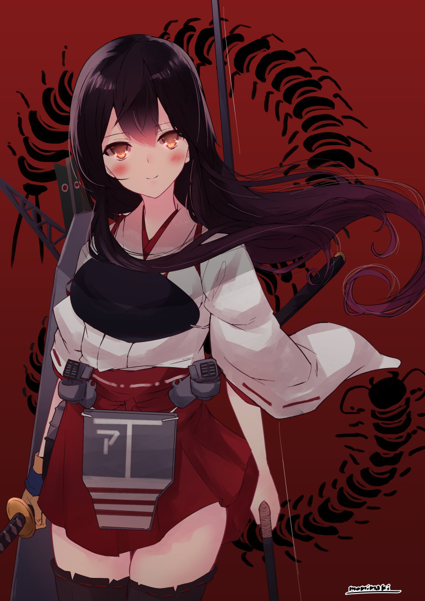 absurdres akagi_(kancolle) akagi_kai_ni_(kancolle) black_hair black_thighhighs bow_(weapon) brown_gloves commentary cowboy_shot dual_wielding female flight_deck gloves hakama hakama_short_skirt hakama_skirt highres holding holding_bow_(weapon) holding_sheath holding_sword holding_weapon japanese_clothes kantai_collection katana long_hair looking_at_viewer momimaki muneate orange_eyes partially_fingerless_gloves red_hakama sheath sheathed single_glove skirt solo standing sword tasuki thighhighs weapon yugake