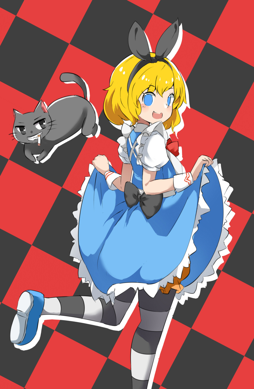 alice_margatroid black_background black_bow black_cat black_hairband black_pantyhose blonde_hair bloomers blue_dress blue_eyes blue_footwear blush bow bowtie checkered_background cigarette commentary_request cookie_(touhou) curtsey dress feline female foot_out_of_frame grey_legwear hairband highres leg_up looking_at_viewer looking_back open_mouth orange_bloomers pantyhose red_background red_bow red_bowtie shoes short_hair smile solo striped_clothes striped_pantyhose touhou web_(cookie) yumekamaborosh