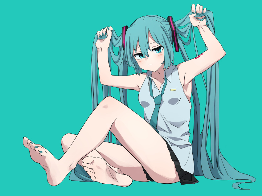 absurdres aqua_eyes aqua_hair aqua_necktie armpits arms_up bare_arms bare_shoulders barefoot black_skirt blue_background blush breasts closed_mouth collared_shirt commentary feet female frown grey_shirt hair_ornament hatsune_miku highres holding holding_own_hair igo_miku long_hair looking_at_viewer nail_polish necktie number_tattoo shirt shoulder_tattoo simple_background sitting skirt sleeveless sleeveless_shirt small_breasts soles solo tattoo toenail_polish toenails toes twintails vocaloid