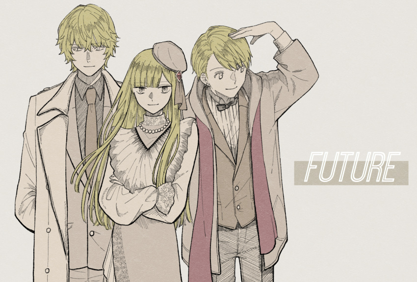 2boys bad_id bad_pixiv_id bead_necklace beads blonde_hair blunt_bangs blush coat commentary_request crossed_arms diagonal_stripes dress fate_(series) female flat_escardos grey_background grey_coat grey_headwear grey_jacket hand_up hat highres jacket jewelry long_hair long_sleeves looking_at_viewer lord_el-melloi_ii_case_files multiple_boys necklace necktie pants reines_el-melloi_archisorte sakanomachico shirt short_hair smile striped_clothes striped_shirt svin_glascheit vertical_stripes white_dress