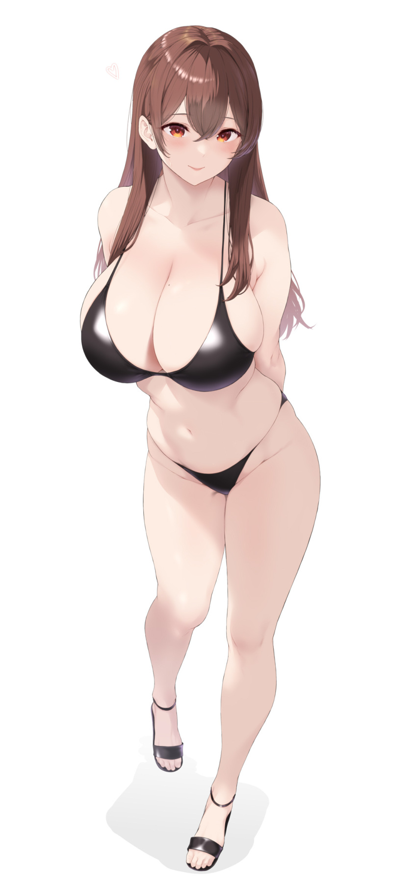 bikini black_bikini black_footwear breasts brown_eyes brown_hair cleavage collarbone feet female full_body high_heels highres huge_breasts kemigawa_mondo legs long_hair looking_at_viewer navel original sandals sidelocks simple_background solo swimsuit toes white_background