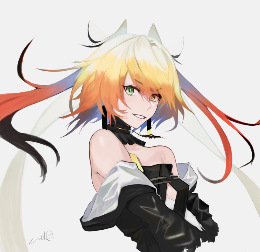 1other bare_shoulders black_jacket commentary detached_sleeves green_eyes heterochromia highres jacket long_hair long_sleeves melissa_kinrenka nicporim nijisanji off_shoulder orange_eyes orange_hair parted_lips simple_background smile solo upper_body virtual_youtuber white_background