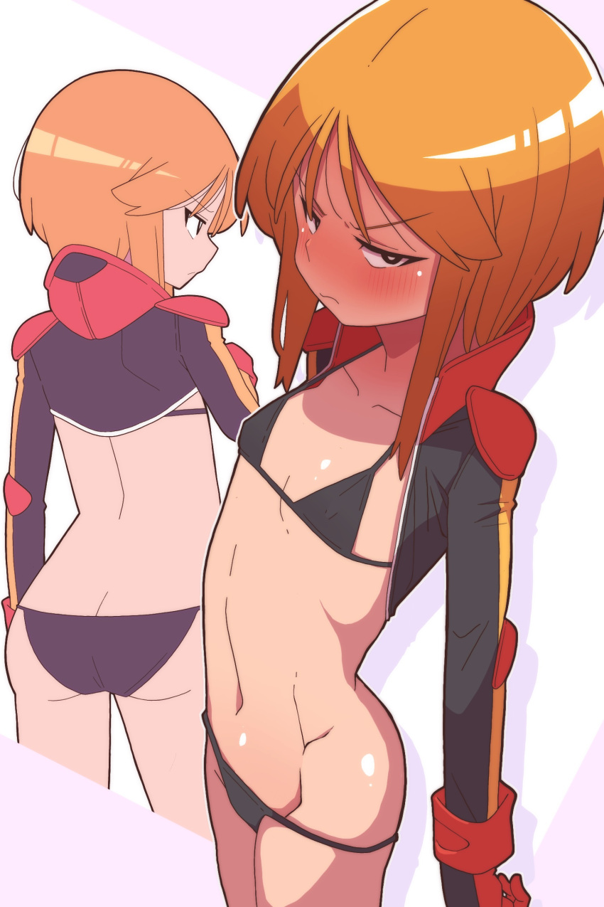 absurdres bikini black_bikini black_bodysuit blush bodysuit bright_pupils embarrassed female flat_chest from_above gundam gundam_zz hair_between_eyes highres looking_at_viewer multiple_views navel normal_suit onimaru_(onimal7802) orange_hair pilot_suit purple_eyes puru_two shadow short_hair swimsuit white_pupils