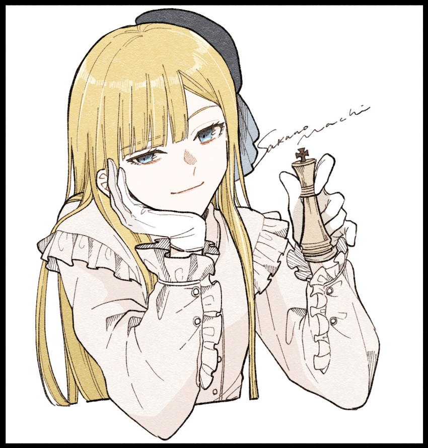 artist_name bad_id bad_pixiv_id black_border black_hat blonde_hair blue_eyes blunt_bangs blush border chess_piece closed_mouth commentary_request cropped_torso dress_shirt fate_(series) female frilled_shirt frilled_sleeves frills gloves grey_shirt hand_up hands_up hat head_tilt highres holding king_(chess) long_hair long_sleeves looking_at_viewer lord_el-melloi_ii_case_files reines_el-melloi_archisorte sakanomachico shirt smile solo upper_body white_background