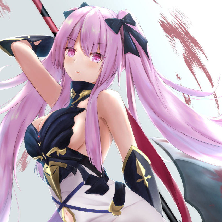 amano_kusatsu arm_behind_back arm_behind_head arm_up axe azur_lane bare_shoulders black_ribbon blood blood_on_weapon blush breasts commentary dress female gradient_background grey_background hair_ribbon highres holding holding_weapon la_galissonniere_(azur_lane) large_breasts long_hair looking_at_viewer parted_lips pink_eyes pink_hair ribbon sleeveless sleeveless_dress solo upper_body weapon white_dress