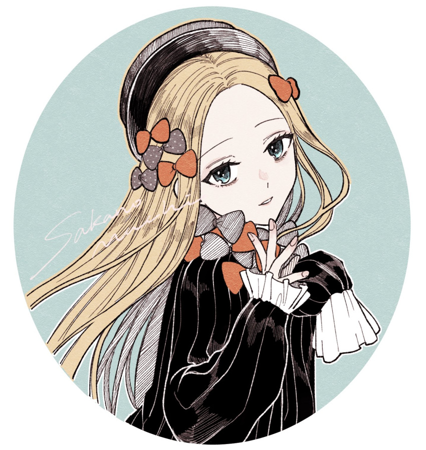 abigail_williams_(fate) bad_id bad_pixiv_id black_bow black_dress black_hat blonde_hair blue_background blue_eyes blush bow commentary_request diagonal-striped_bow diagonal_stripes dress fate/grand_order fate_(series) female hairbow hands_up hat head_tilt highres long_hair long_sleeves looking_at_viewer multiple_hair_bows orange_bow parted_bangs polka_dot polka_dot_bow sakanomachico sleeves_past_wrists solo striped upper_body white_background