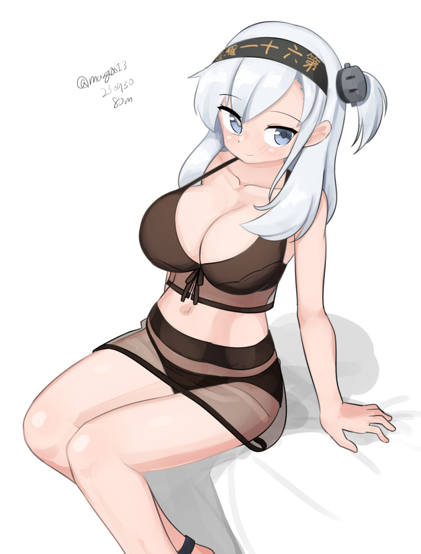 absurdres bikini black_bikini breasts cleavage clothes_writing feet_out_of_frame female front-tie_bikini_top front-tie_top grey_eyes grey_hair hair_between_eyes headband highres kantai_collection large_breasts long_hair looking_at_viewer maru_(marg0613) official_alternate_costume one-hour_drawing_challenge one_side_up see-through see-through_skirt simple_background sitting skirt solo suzutsuki_(kancolle) suzutsuki_(swimsuit_mode)_(kancolle) swimsuit white_background