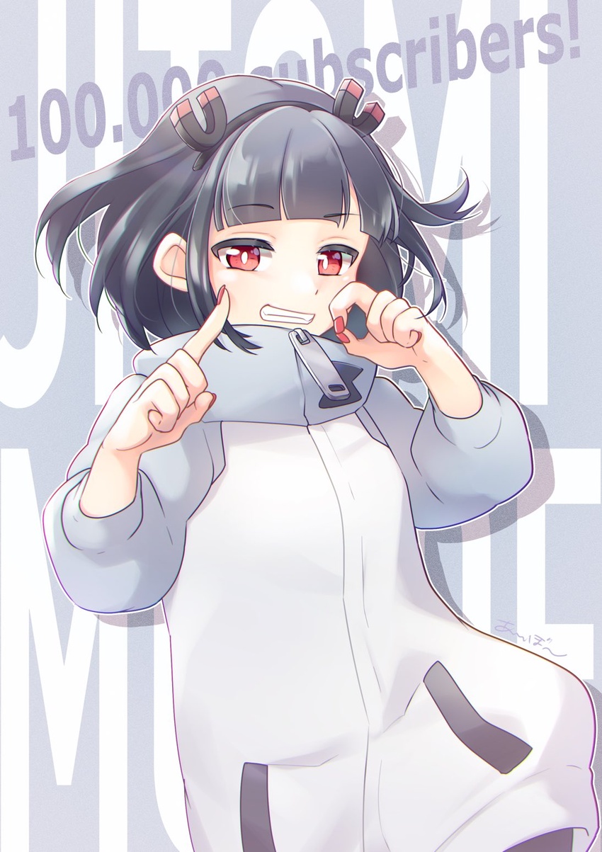 black_hair black_headband commentary female floating_hair hair_behind_ear headband highres jacket jitomi_monoe looking_at_viewer magnet milestone_celebration ok_sign pointing red_eyes red_nails short_hair smile solo sorawoyumemiru virtual_youtuber voms