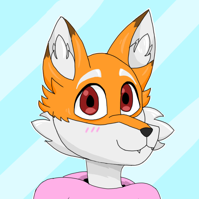 anthro belly black_nose blush blush_lines brown_ear_tips brown_eartips canid canine clothing cute_fangs des_(desthefemboy) desthefemboy dipstick_ears ear_markings eyes fluffy fox fur hi_res hoodie inner_ear_fluff male mammal multicolored_ears orange_body orange_fur outline pattern_background pink_clothing pink_hoodie pink_topwear red_eyes simple_background smile solo striped_background topwear tuft white_belly white_body white_fur white_outline