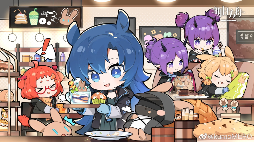 ! >_< 5girls amiya_(arknights) animal_ears animalization arknights beagle_(arknights) black_collar black_jacket blanket blonde_hair blue_eyes blue_gloves blue_hair bow bread cafeteria cake chair character_doll chibi chinese_commentary closed_eyes collar collared_shirt commentary_request demon_horns diamond-shaped_pupils diamond_(shape) doctor_(arknights) dog_ears dog_girl dog_tail ear_piercing fang_(arknights) food food_on_face gloves green_bow green_shirt guest_art hair_between_eyes hair_ornament hairbow hairclip hibiscus_(arknights) highres holding holding_blanket horns horse_ears horse_girl id_card jacket jewelry kroos_(arknights) kumomero lava_(arknights) lying mouth_hold muffin multiple_girls necklace open_clothes open_jacket open_mouth orange_hair orange_sweater piercing pillow plate pointy_ears purple_eyes purple_hair semi-rimless_eyewear shirt short_hair short_twintails sidelocks sitting sleeping spoken_exclamation_mark standing steam sweater symbol-shaped_pupils table tail tooth_necklace tray turtleneck twintails under-rim_eyewear utensil_in_mouth weibo_watermark |_|