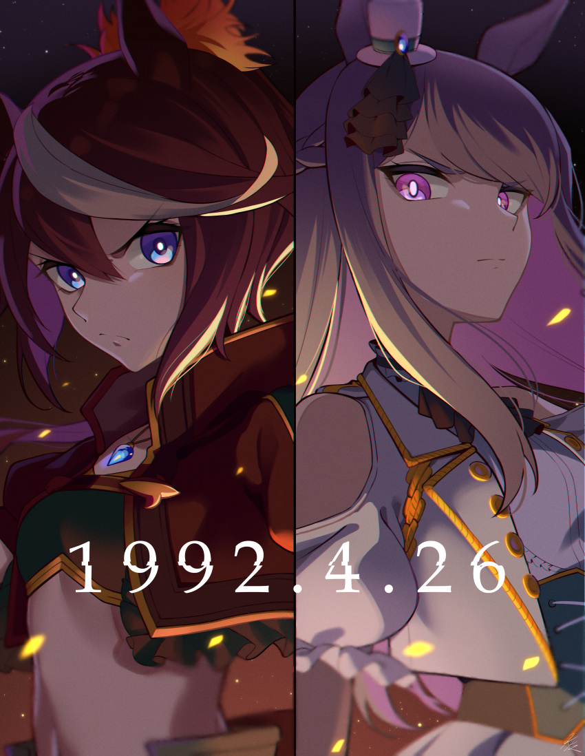 2girls absurdres animal_ears bandeau blue_eyes breasts brown_hair clothing_cutout cropped_jacket embers floating_hair glaring haibarasaika hat highres historical_event horse_ears horse_girl jacket jewelry long_hair mejiro_mcqueen_(end_of_sky)_(umamusume) mejiro_mcqueen_(umamusume) mini_hat mini_top_hat multicolored_hair multiple_girls navel necklace official_alternate_costume open_clothes open_jacket puffy_short_sleeves puffy_sleeves purple_eyes purple_hair short_sleeves shoulder_cutout small_breasts split_screen stomach streaked_hair tokai_teio_(beyond_the_horizon)_(umamusume) tokai_teio_(umamusume) top_hat umamusume upper_body white_hair