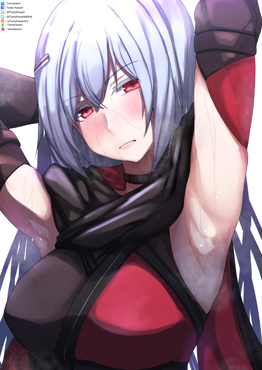 absurdres armpit_crease armpits arms_behind_head arms_up artist_name black_choker black_kimono blush breasts choker commentary crossed_bangs elbow_gloves female frown gloves grey_hair hair_between_eyes hair_ornament hairclip head_tilt highres japanese_clothes kasane_randall kimono large_breasts looking_at_viewer mixed-language_commentary multicolored_clothes multicolored_kimono ninja red_eyes red_kimono scarlet_nexus shiny_skin simple_background solo steaming_body sweat sweatdrop sweaty_armpits tomodachi_(tomofanart) upper_body white_background