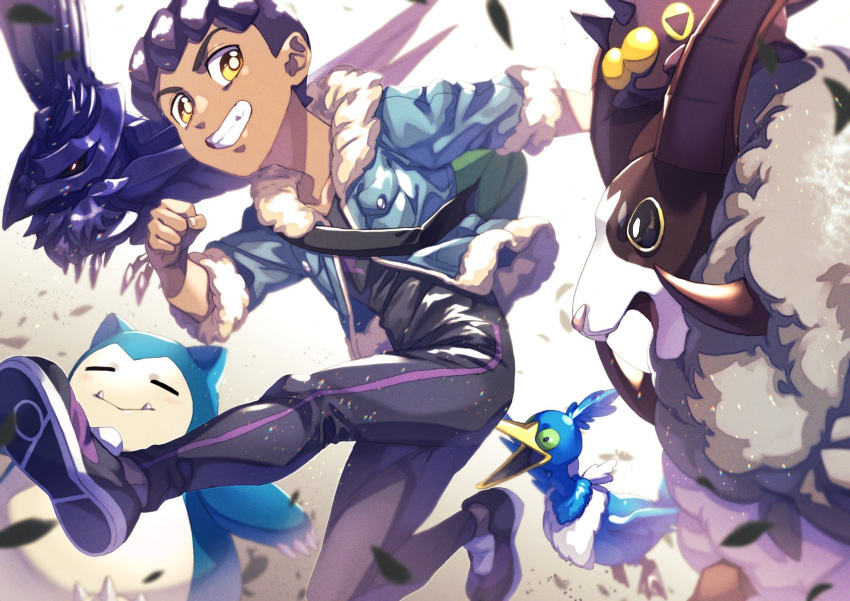 1boy bag black_pants black_shirt blue_jacket blurry bright_pupils commentary_request corviknight cramorant dark-skinned_male dark_skin dubwool duffel_bag fur-trimmed_jacket fur_trim green_bag grin highres hop_(pokemon) jacket komame_(st_beans) looking_down male_focus open_clothes open_jacket pants pincurchin pokemon pokemon_(creature) pokemon_swsh protected_link purple_hair shirt shoes short_hair sleeves_past_elbows smile snorlax teeth white_pupils yellow_eyes