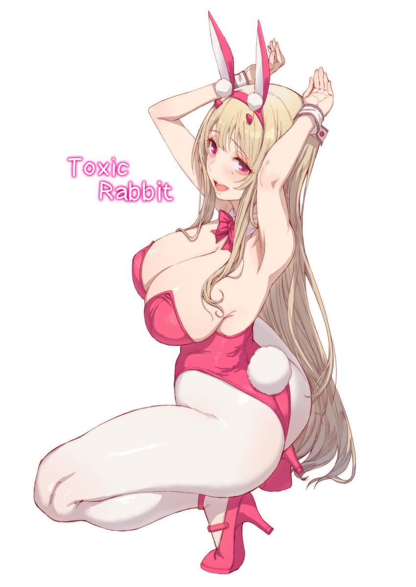 absurdres animal_ears arms_up bare_shoulders blonde_hair blush bow bowtie breasts cleavage detached_collar fake_animal_ears fake_tail female from_side goddess_of_victory:_nikke high_heels highres horns large_breasts leotard long_hair looking_at_viewer open_mouth pantyhose pink_eyes pink_horns pink_leotard playboy_bunny rabbit_ears rabbit_pose rabbit_tail smile solo squatting tail thighs viper_(nikke) viper_(toxic_rabbit)_(nikke) white_background white_pantyhose whoosaku wrist_cuffs