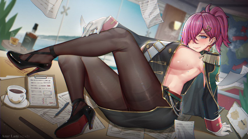 absurdres aiguillette azur_lane black_coat black_footwear black_jacket black_pantyhose black_skirt blurry blurry_background blush breasts chinese_commentary coat commentary ctrlz77 earrings epaulettes female full_body gloves gold_trim green_eyes hair_over_one_eye high_heels highres indoors jacket jewelry large_breasts looking_at_viewer military military_uniform miniskirt mole mole_on_breast no_bra pantyhose pencil_skirt ponytail purple_hair shoes sideboob skirt solo trieste_(azur_lane) uniform white_gloves