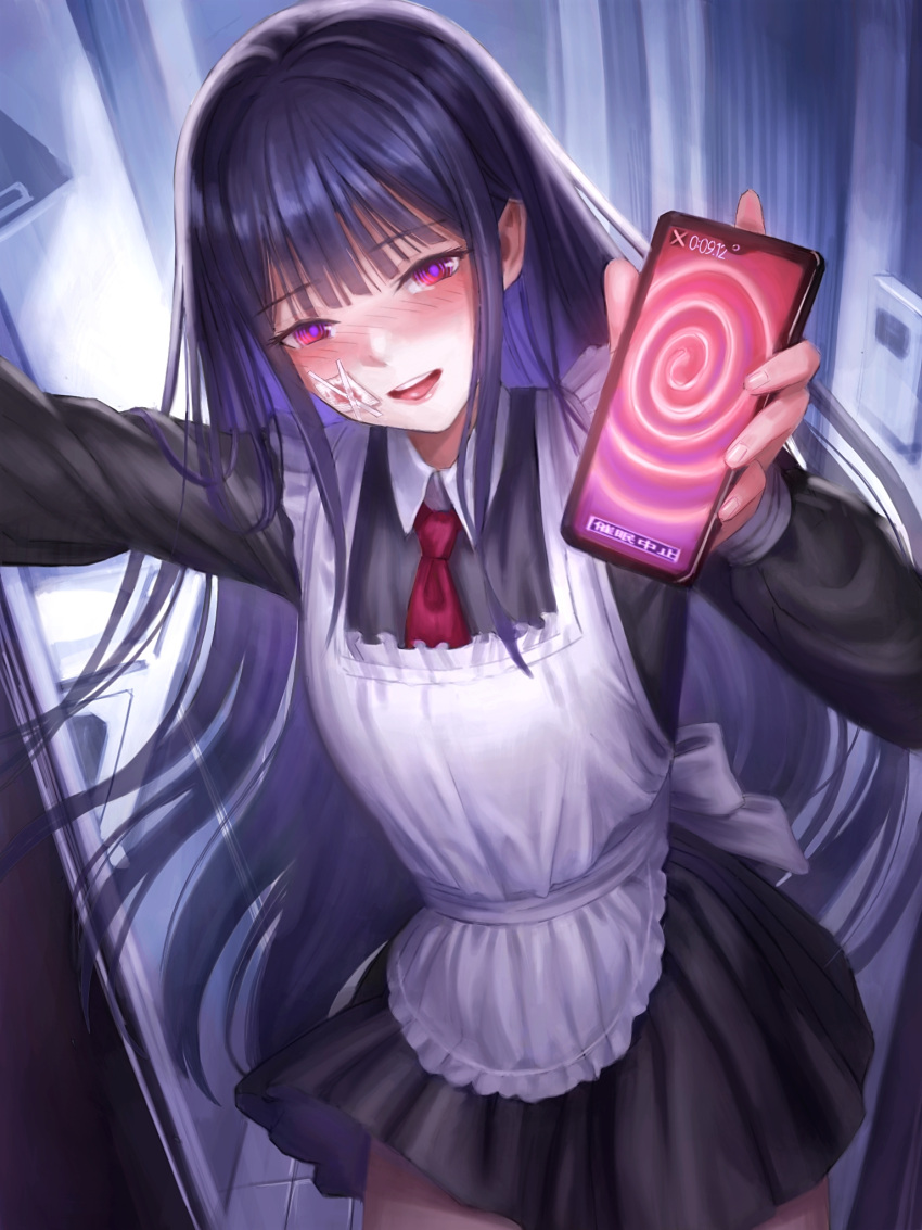 black_hair female highres holding holding_phone hypnosis kafkasea long_hair long_sleeves maid mind_control original patch phone pov red_eyes standing yandere