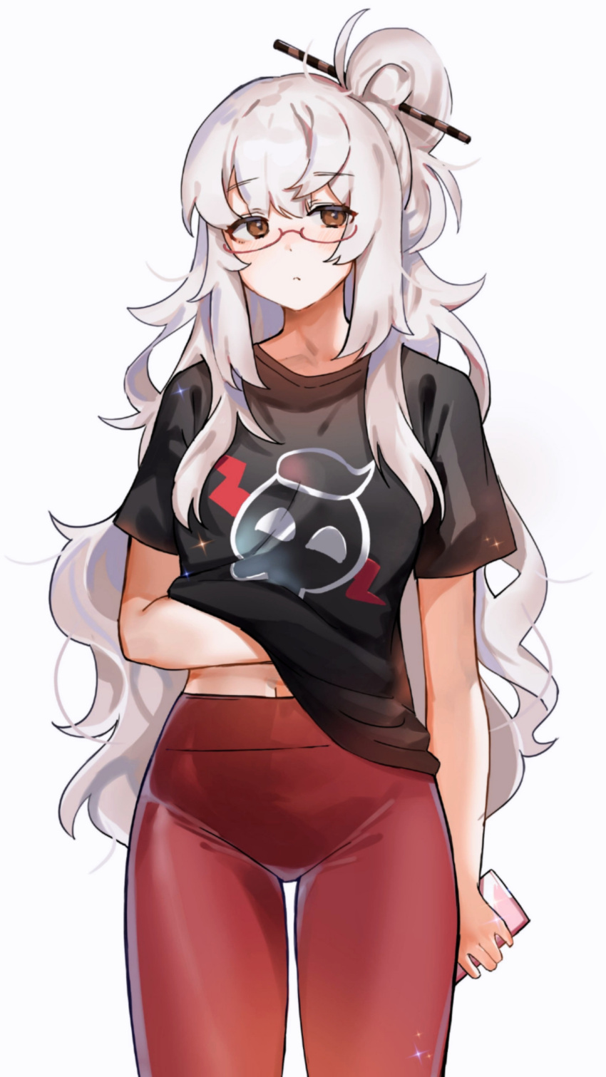 absurdres bad_id bad_pixiv_id black_shirt brown_eyes casual commentary cookie_run female glasses hair_bun hair_ornament hair_stick hand_under_clothes highres holding holding_phone hufy humanization leggings long_hair looking_at_viewer one_side_up pants parfait_cookie phone print_shirt red-framed_eyewear red_pants semi-rimless_eyewear shirt short_sleeves sidelocks single_hair_bun solo t-shirt under-rim_eyewear very_long_hair white_hair