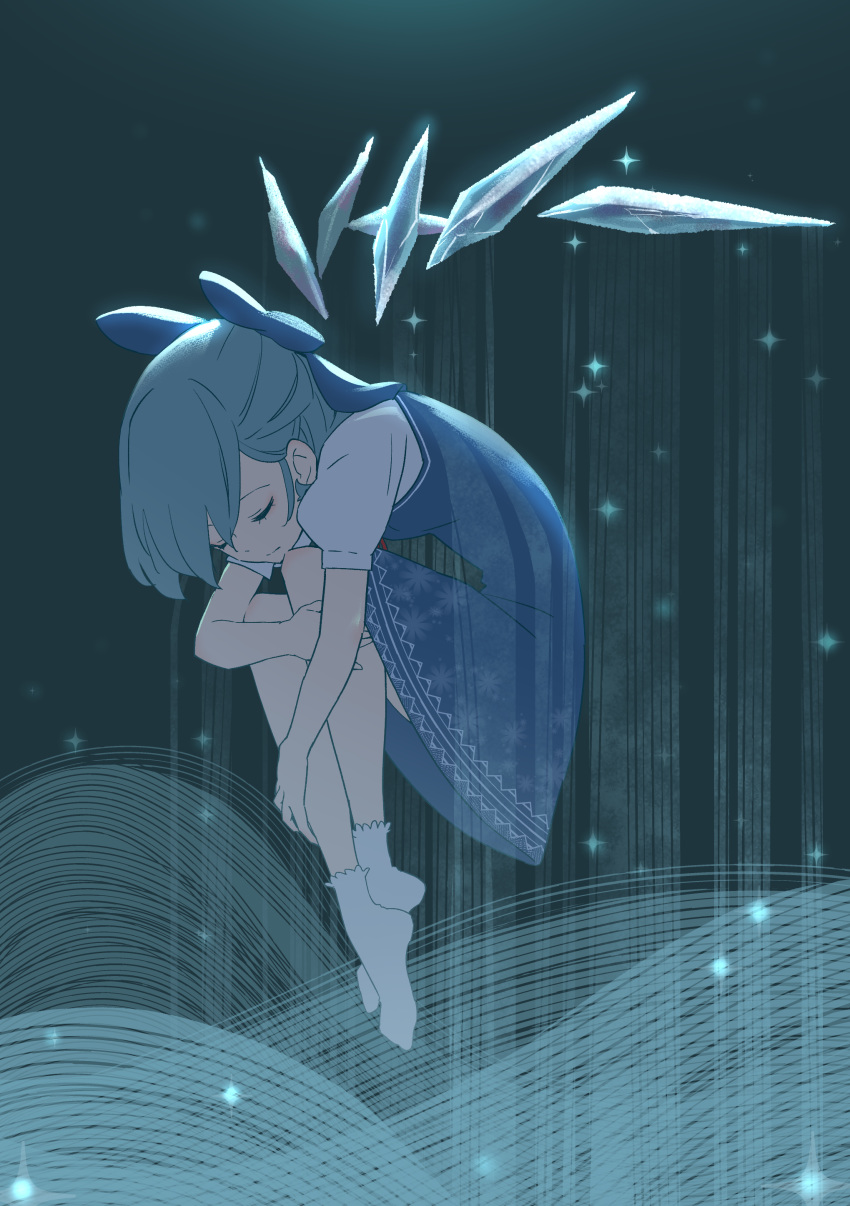 absurdres blue_bow blue_dress blue_hair bow cirno closed_eyes commentary detached_wings dress female full_body grey_background highres hugging_own_legs ice ice_wings kawayabug knees_up shirt short_hair short_sleeves socks solo sparkle touhou white_shirt white_socks wings