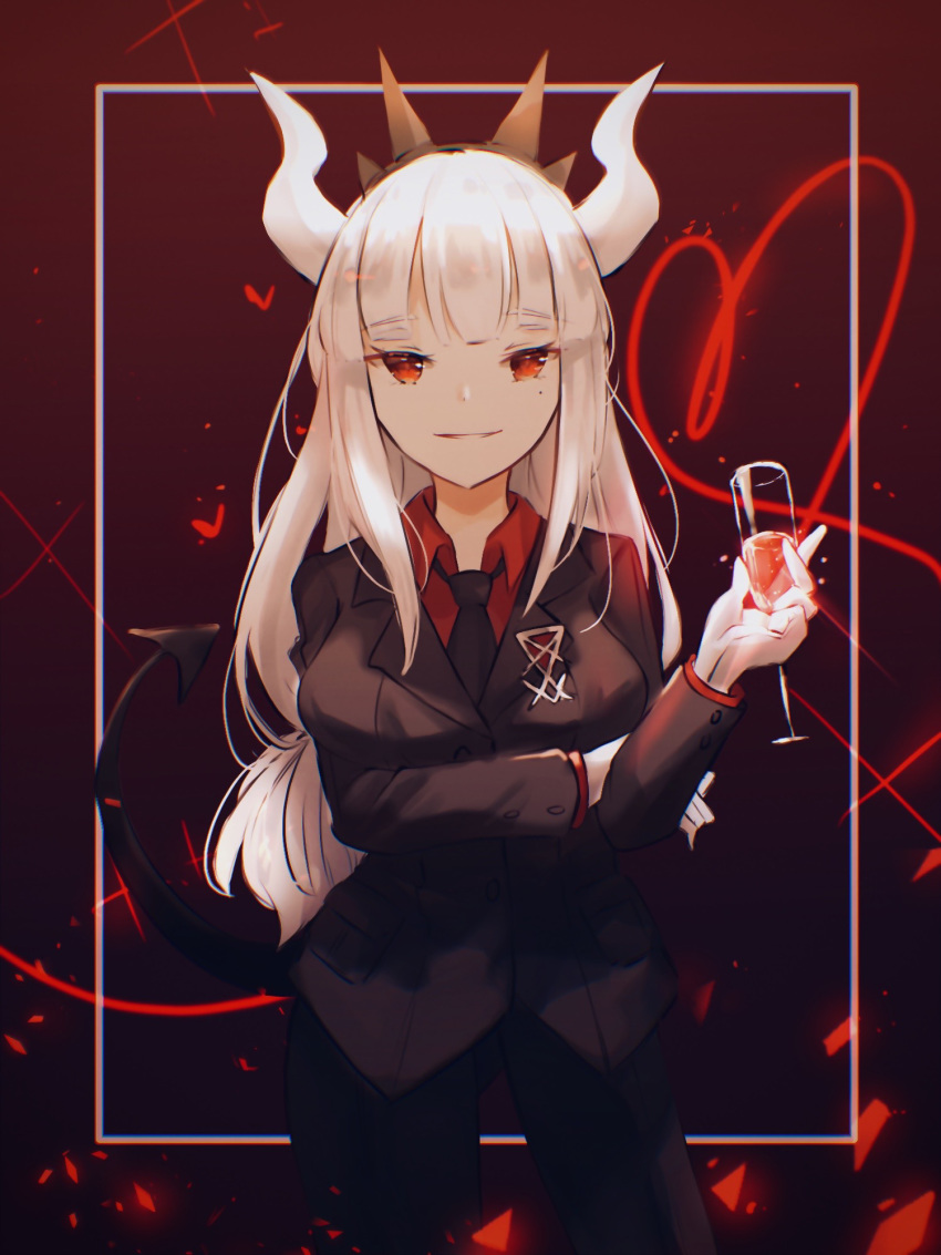 black_jacket black_necktie black_pants blush breasts commentary cup demon_girl demon_horns demon_tail drinking_glass female formal gloves heart helltaker highres holding holding_cup horns jacket large_breasts long_hair looking_at_viewer lucifer_(helltaker) miyu_(miy_u1308) mole mole_under_eye necktie pants red_background red_eyes red_shirt shirt smile solo tail white_hair white_horns wine_glass