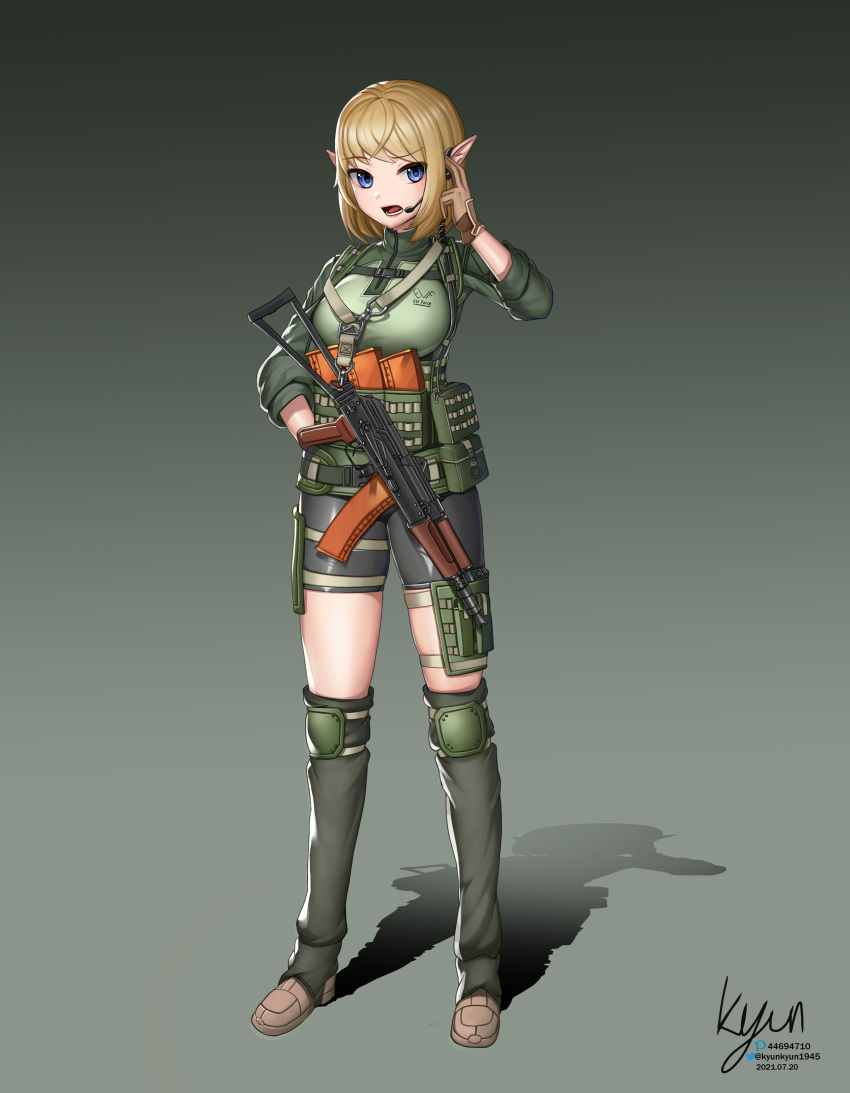 absurdres aks-74u artist_name assault_rifle bike_shorts blonde_hair blue_eyes breasts chest_harness dated elf female full_body gloves gun harness headset highres kalashnikov_rifle kyunkyun1945 large_breasts military military_uniform original pointy_ears rifle shadow signature solo spats_(footwear) twitter_username uniform weapon