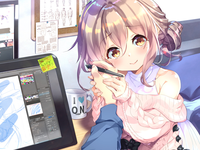 bare_shoulders bed clip_studio_paint_(medium) commentary_request cup female fujishima-sei_ichi-gou hair_between_eyes highres holding holding_hands holding_stylus indoors light_brown_hair looking_at_viewer monitor mug off-shoulder_sweater off_shoulder orange_eyes original pov pov_hands shirt short_hair sidelocks sticky_note stylus sweater tablet_pc white_shirt