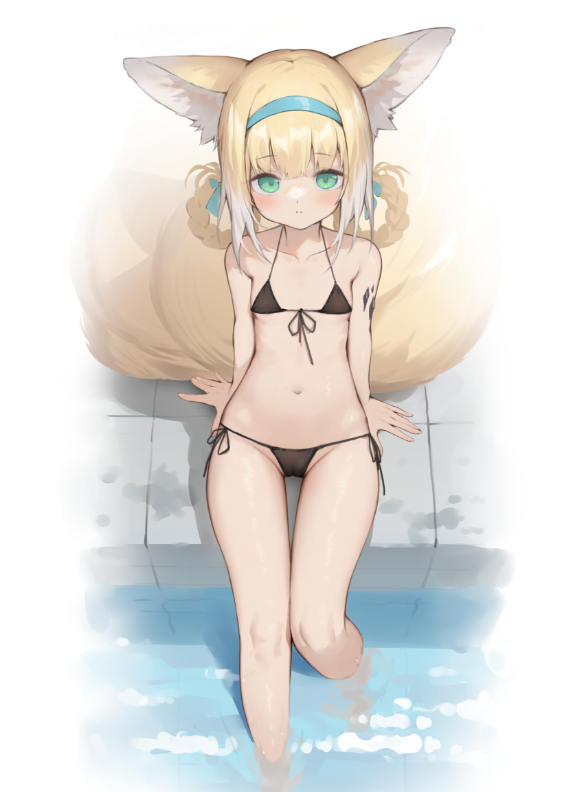 alternate_costume animal_ear_fluff animal_ears arknights bare_arms bare_legs bare_shoulders bikini black_bikini blonde_hair blue_hairband blue_ribbon blush cameltoe closed_mouth commentary_request female flat_chest fox_ears fox_girl fox_tail from_above front-tie_bikini_top front-tie_top green_eyes groin hagi_(ame_hagi) hair_ribbon hair_rings hairband halterneck highres long_hair looking_at_viewer material_growth multiple_tails navel oripathy_lesion_(arknights) paid_reward_available partial_commentary partially_submerged pool poolside ribbon side-tie_bikini_bottom sitting soaking_feet solo string_bikini suzuran_(arknights) swimsuit tail thigh_gap water