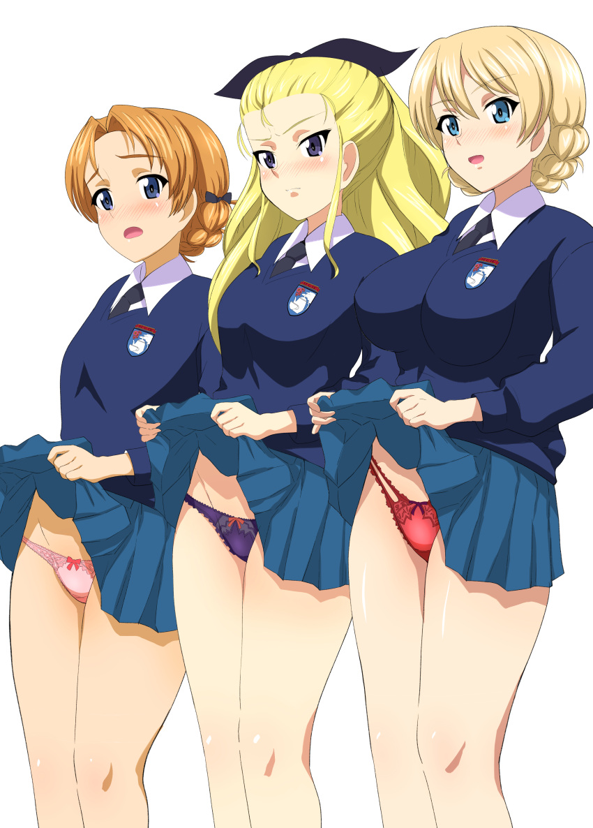 3girls absurdres assam_(girls_und_panzer) bad_id bad_pixiv_id bare_legs black_panties blonde_hair blue_eyes blue_skirt blush bow bow_panties braid breasts closed_mouth clothes_lift darjeeling_(girls_und_panzer) emblem french_braid girls_und_panzer groin hair_ribbon hairbow highres large_breasts legs lifting_own_clothes miniskirt multiple_girls necktie open_mouth orange_hair orange_pekoe_(girls_und_panzer) panties pink_panties pleated_skirt purple_panties red_panties ribbon school_uniform simple_background skirt skirt_lift small_breasts smile st._gloriana's_(emblem) st._gloriana's_school_uniform standing thighs underwear white_background yasuoextuuuuuu