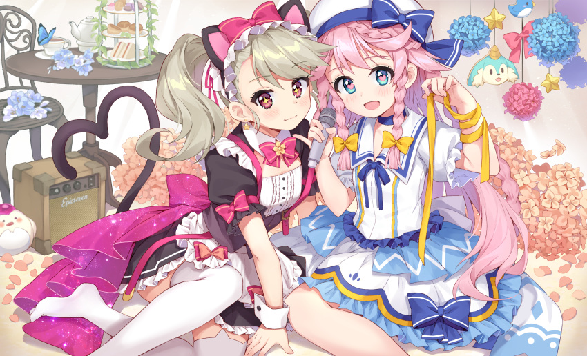 2girls :d angelica_(epic_seven) animal_ears bow braid breasts chloe_(epic_seven) chobi_(penguin_paradise) epic_seven eyebrows fake_animal_ears flower heart heart-shaped_pupils highres holding loaded_interior looking_at_viewer microphone multiple_girls open_mouth painttool_sai_(medium) petals pink_hair ribbon sitting small_breasts smile symbol-shaped_pupils tail