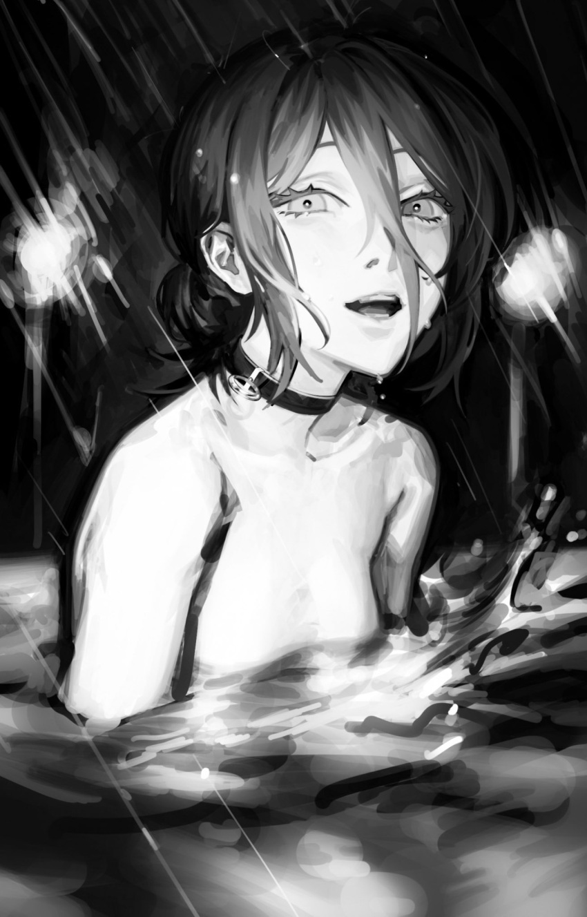 breasts chainsaw_man choker commentary eyelashes female grenade_pin greyscale hair_between_eyes hair_bun highres looking_at_viewer monochrome open_mouth outdoors partially_submerged rain reze_(chainsaw_man) seki_(fyfyfy) short_hair single_hair_bun small_breasts solo topless upper_body water