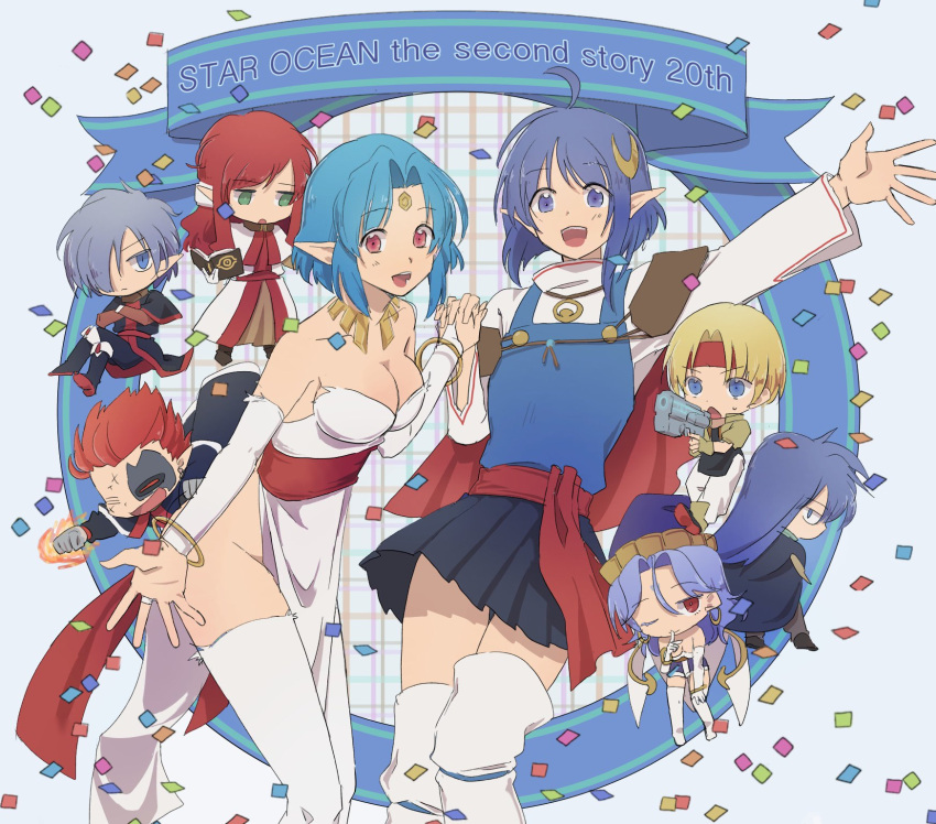 3girls blue_eyes blue_hair blue_skirt breasts cape celine_jules chibi claude_c._kenny cleavage crescent crescent_hair_ornament dias_flac earrings filia_(star_ocean) gabriel_(star_ocean) gloves gun hair_ornament hat highres jewelry long_hair looking_at_viewer lucifer_(star_ocean) medium_hair michael_(star_ocean) multiple_boys multiple_girls open_mouth pointy_ears purple_hair red_cape rena_lanford rusinomob short_hair skirt smile star_ocean star_ocean_the_second_story thighhighs weapon white_legwear