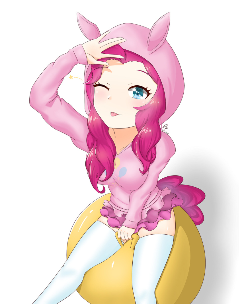 alternate_skin_color animal_ears animal_hood ball blue_eyes covering covering_crotch female frilled_skirt frills hand_up highres hood hood_up hoodie horse_ears humanization miniskirt my_little_pony my_little_pony_equestria_girls my_little_pony_friendship_is_magic pink_hair pink_skirt pinkie_pie_(mlp) sitting_on_ball skirt socks solo thighhighs zoxriver503