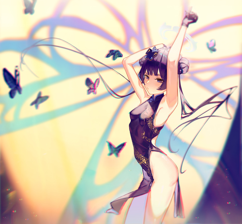 armpits arms_up black_dress black_gloves black_hair blue_archive breasts bug butterfly china_dress chinese_clothes closed_mouth double_bun dress female floating_hair from_side gloves hair_bun highres kisaki_(blue_archive) long_hair reinene sleeveless sleeveless_dress small_breasts solo standing twintails very_long_hair