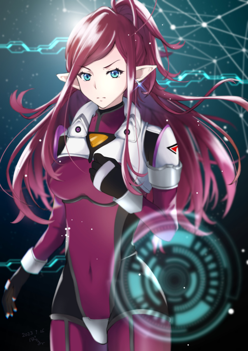 blue_eyes blurry blurry_foreground bodysuit breasts commentary_request female gloves highres holographic_interface long_hair looking_at_viewer macross macross_delta mirage_farina_jenius mixed-language_commentary pilot_suit pochi_super_z pointy_ears purple_hair science_fiction serious spacesuit