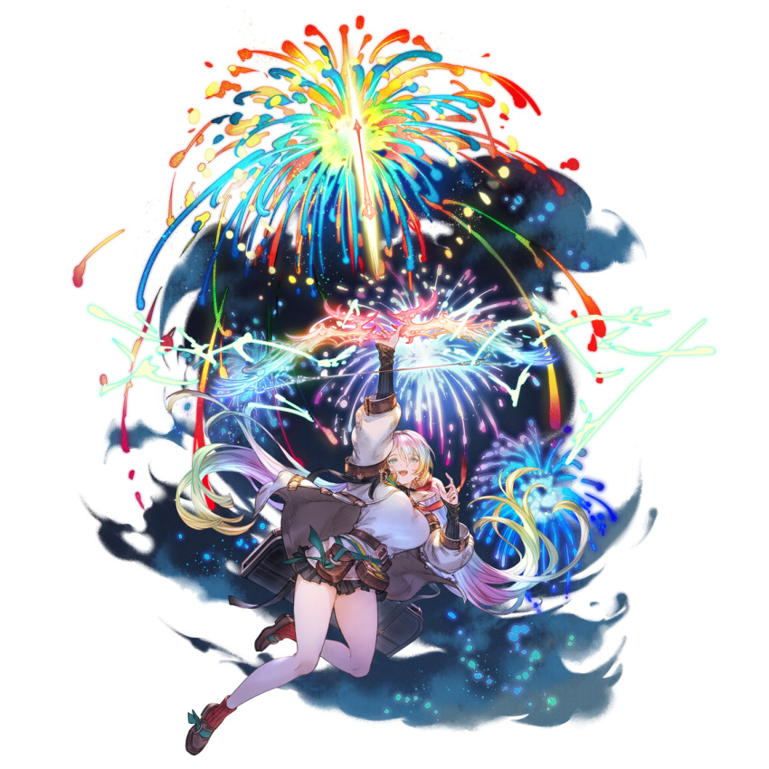 arrow_(projectile) black_skirt bow_(weapon) breasts brown_footwear cupitan_(granblue_fantasy) female fireworks floating gradient_hair granblue_fantasy green_eyes hair_between_eyes holding holding_bow_(weapon) holding_weapon jacket large_breasts loafers minaba_hideo multicolored_hair official_art open_clothes open_jacket open_mouth pouch rainbow_hair red_socks shirt shoes skirt socks solo teeth transparent_background twintails upper_teeth_only weapon white_shirt