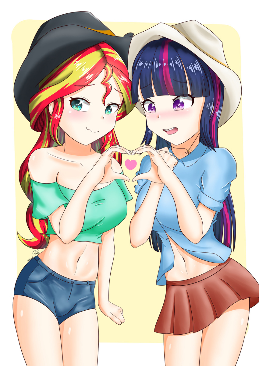 2girls aqua_eyes blonde_hair collared_shirt couple cow_girl cowboy_hat cowboy_western crop_top dark_blue_hair denim denim_shorts hat heart heart_hands heart_hands_duo highres miniskirt multicolored_hair multiple_girls my_little_pony my_little_pony_equestria_girls navel pink_hair purple_eyes purple_hair red_hair shiny shiny_skin shirt shorts skirt sunset_shimmer twilight_sparkle_(mlp) unbuttoned unbuttoned_shirt yuri zoxriver503