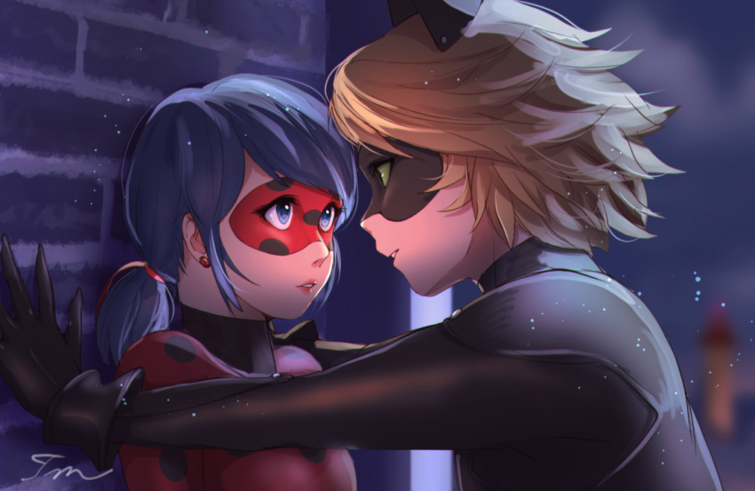 1boy adrien_agreste animal_ears black_bodysuit blonde_hair blue_eyes blue_hair bodysuit cat_ears chat_noir domino_mask earrings english_commentary female green_eyes jewelry ladybug_(character) long_hair marinette_dupain-cheng mask miraculous_ladybug polka_dot ponytail red_bodysuit red_mask superhero_costume tomm0515