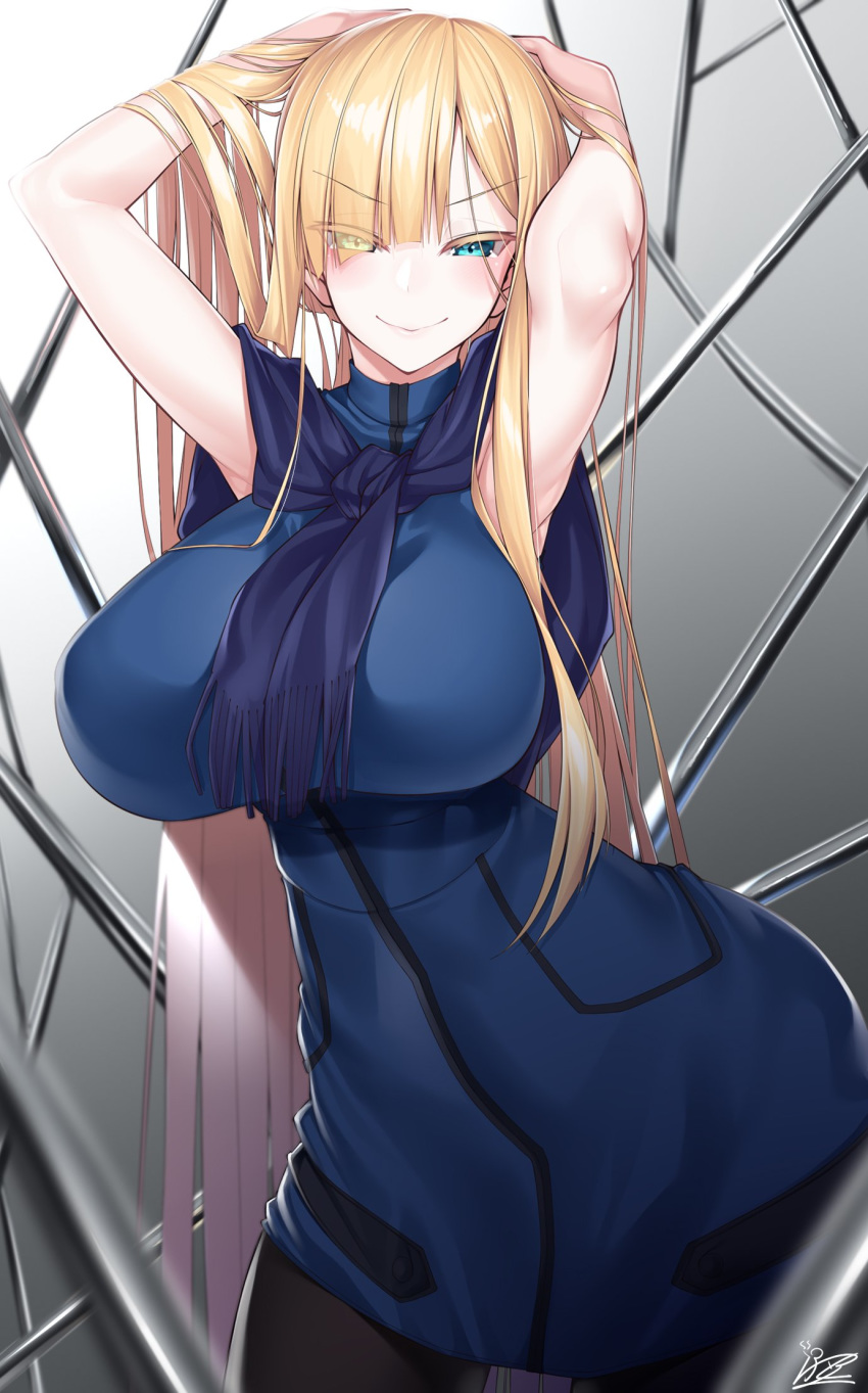 alternate_breast_size armpits arms_behind_head arms_up bare_shoulders black_pantyhose blonde_hair blue_dress blue_eyes blue_scarf blush breasts dress fate/grand_order fate_(series) female highres large_breasts long_hair looking_at_viewer lord_el-melloi_ii_case_files pantyhose reines_el-melloi_archisorte scarf sleeveless sleeveless_dress smile solo thighs watosu